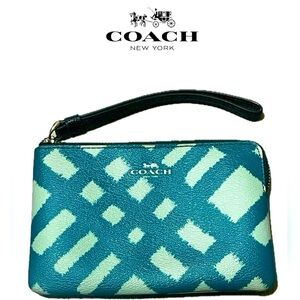 Coach Wild Plaid Print (F23715) Corner Zip Wristlet, Silver/Blue Multi